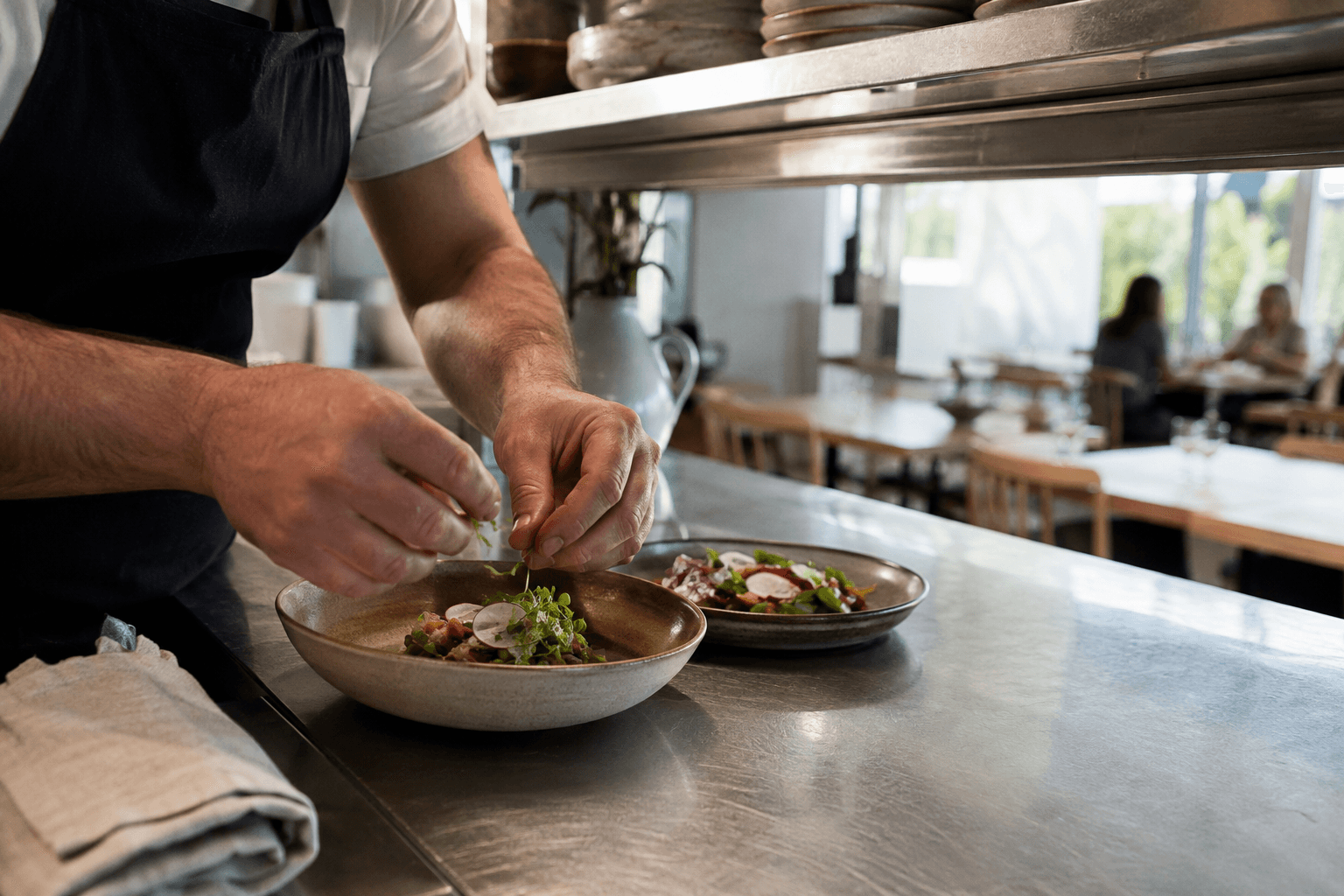 The care and daily work of preparing a meal at a restaurant service pass