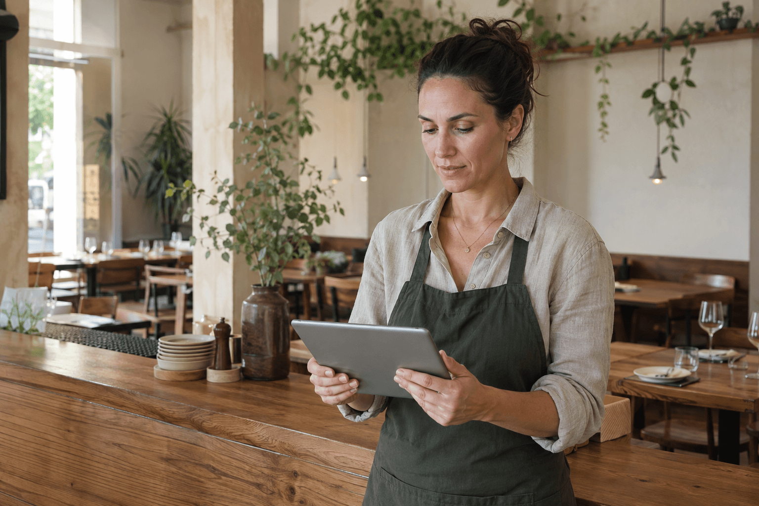 Restaurant owner reviewing the day’s work on a tablet at the counter
