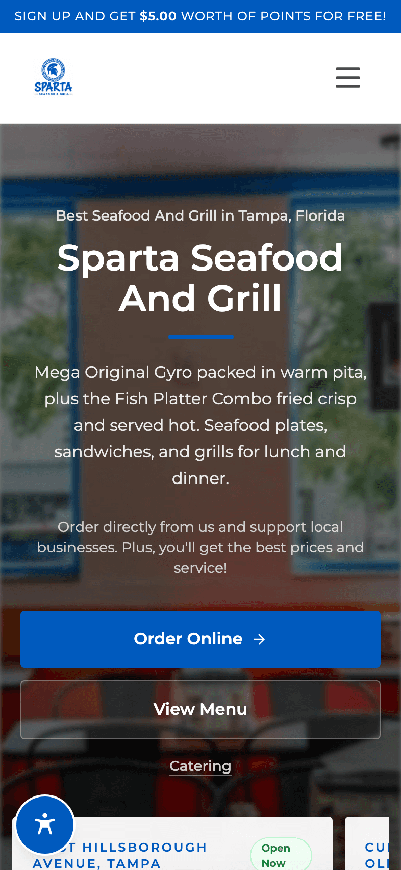 Sparta Seafood And Grill's restaurant website on an iPhone