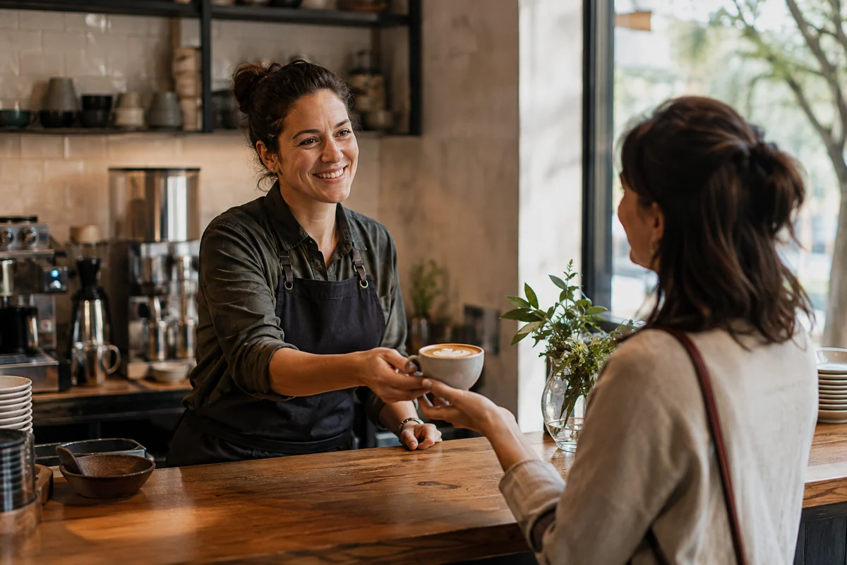 A barista greeting a guest across a restaurant counter